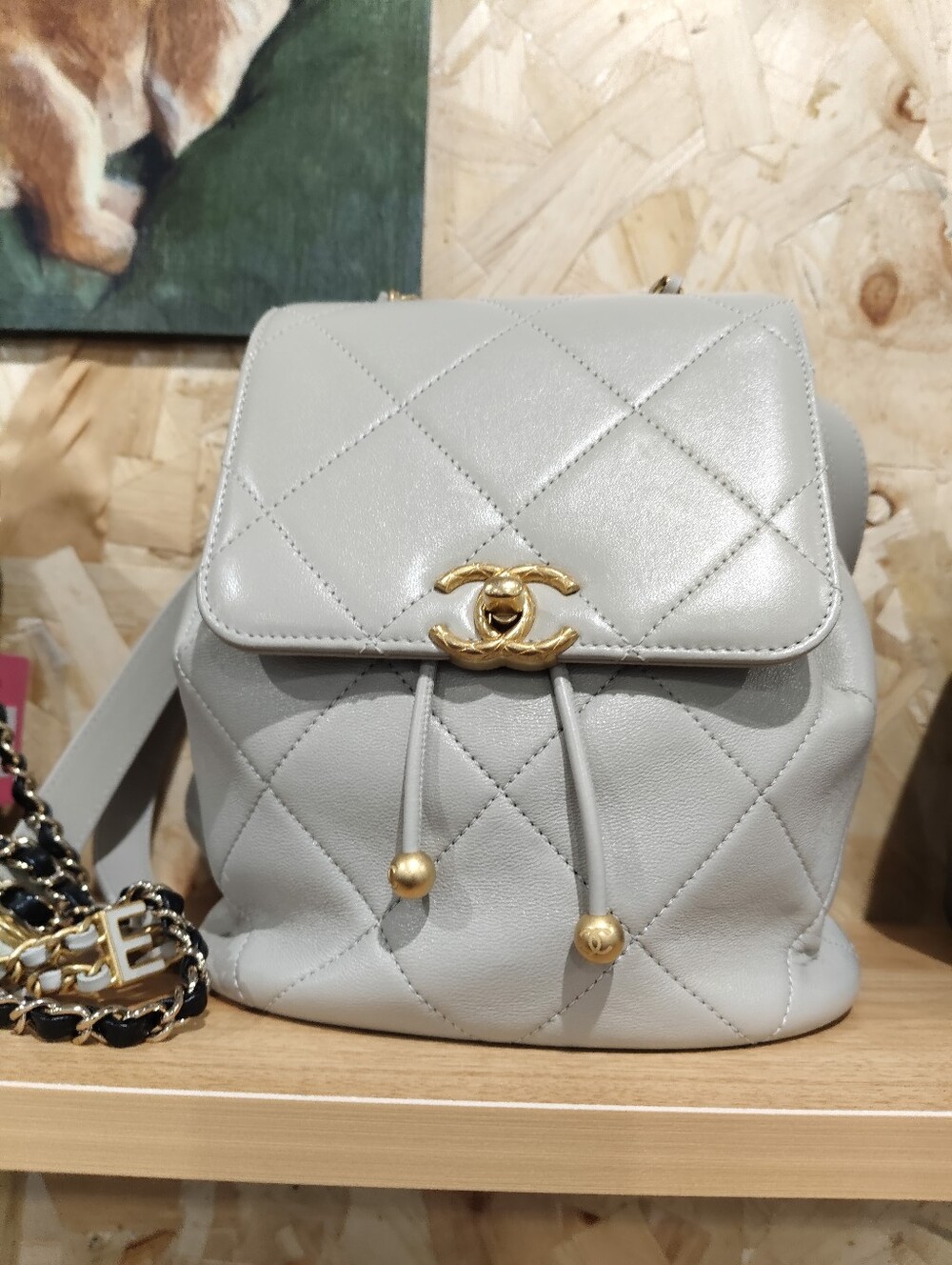 Chanel Quilted Leather Drawstring Backpack in Light Gray